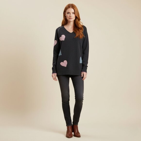 ZAKET & PLOVER Womens Small Vneck Heart Cashmere Gray Sweater CN - Picture 1 of 15